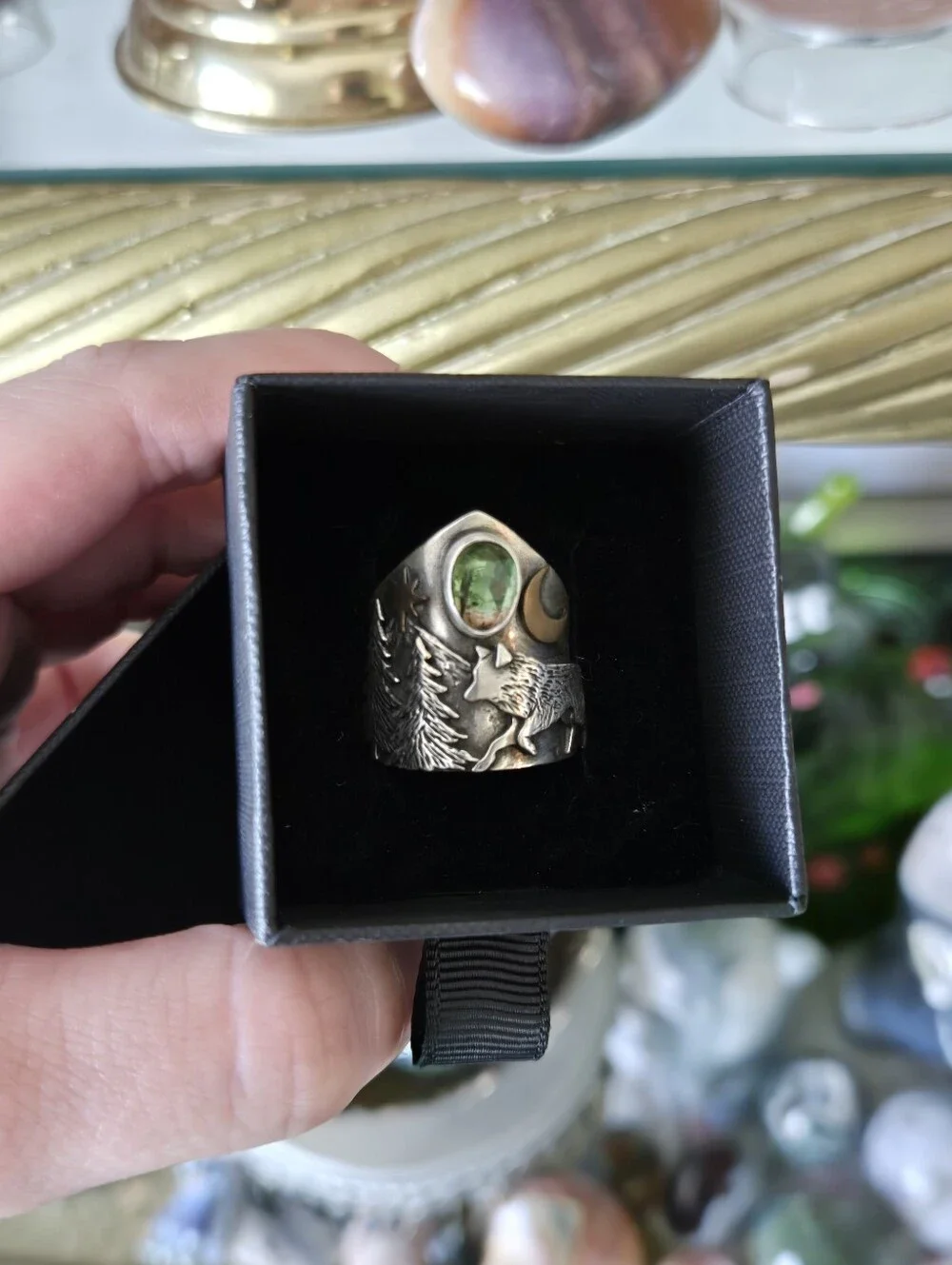 Sagewolfsilver 925 Wolf Ring With bicolor tourmaline gem Size 8